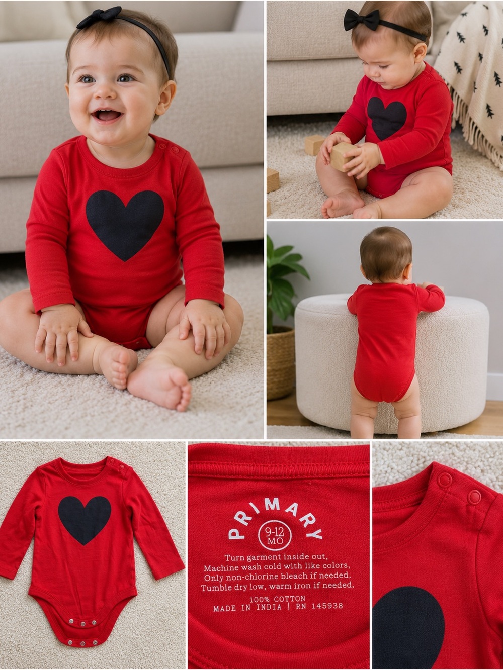 Bright red long-sleeve baby bodysuit 9-12 m